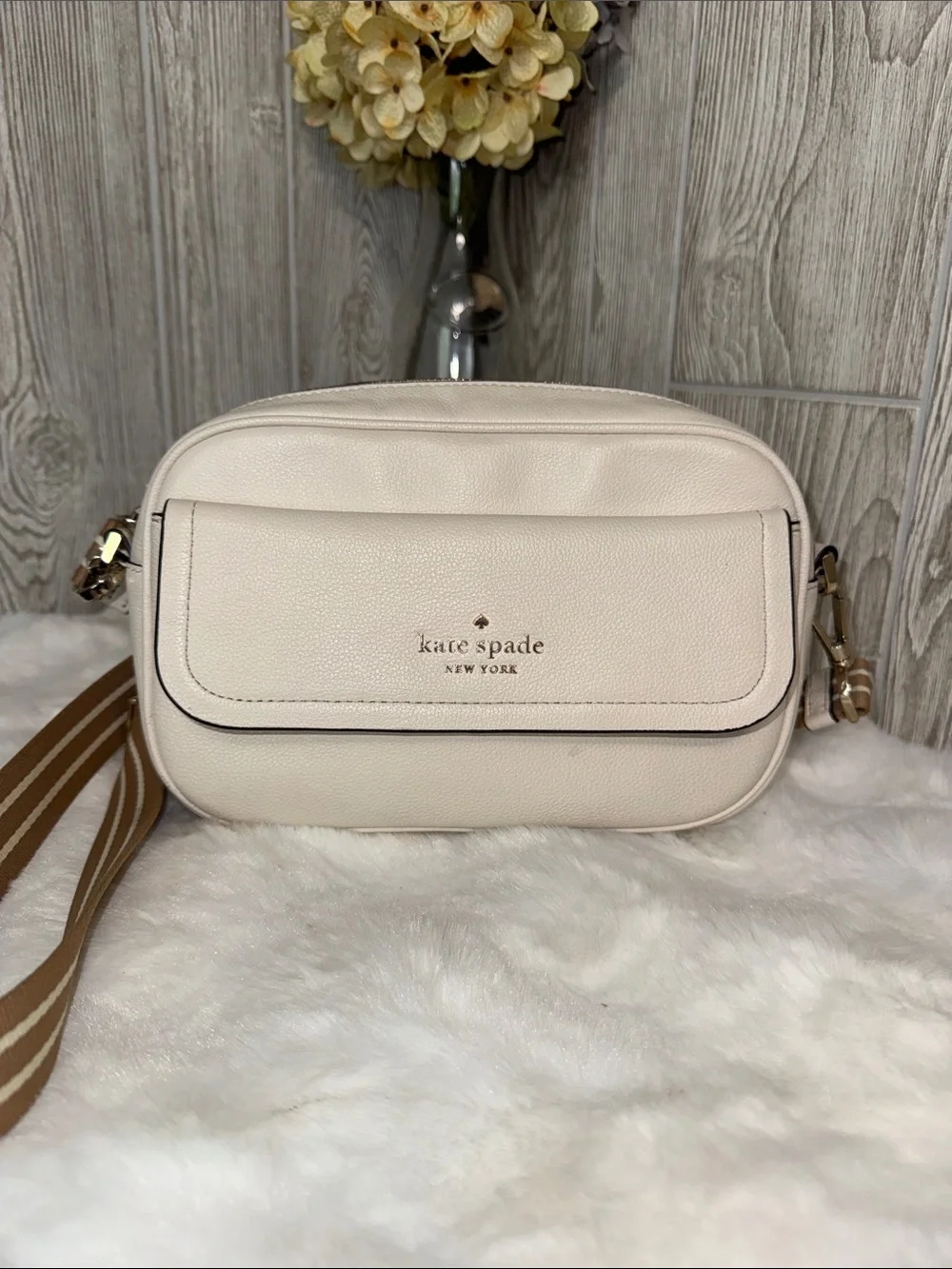 kate spade Cream Leather Crossbody with Striped Strap